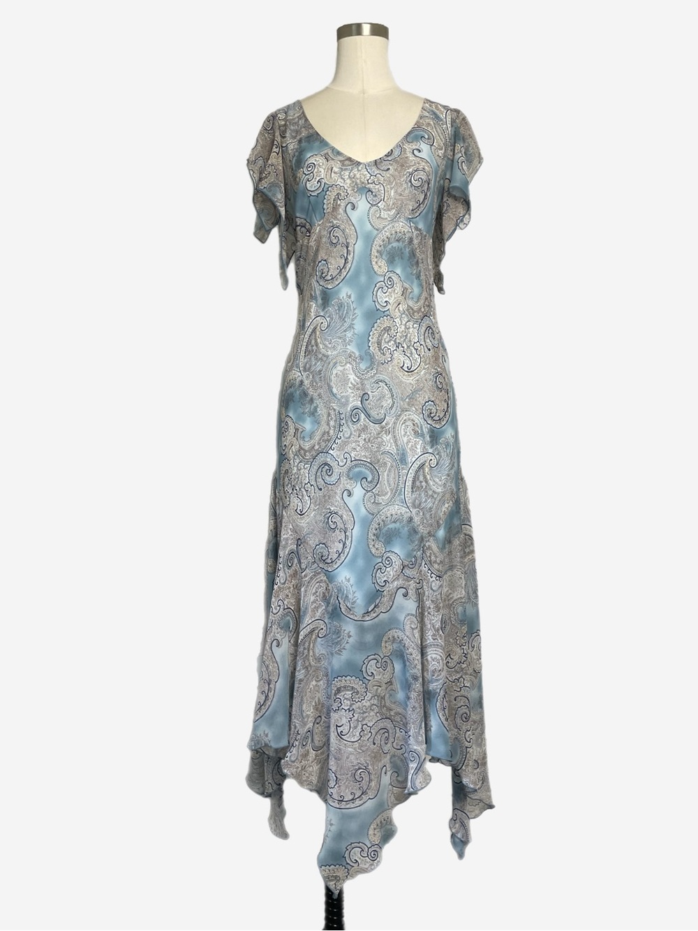 Vintage Y2K La Belle Blue paisley flutter sleeve asymmetric dress whimsical S - Picture 2 of 10